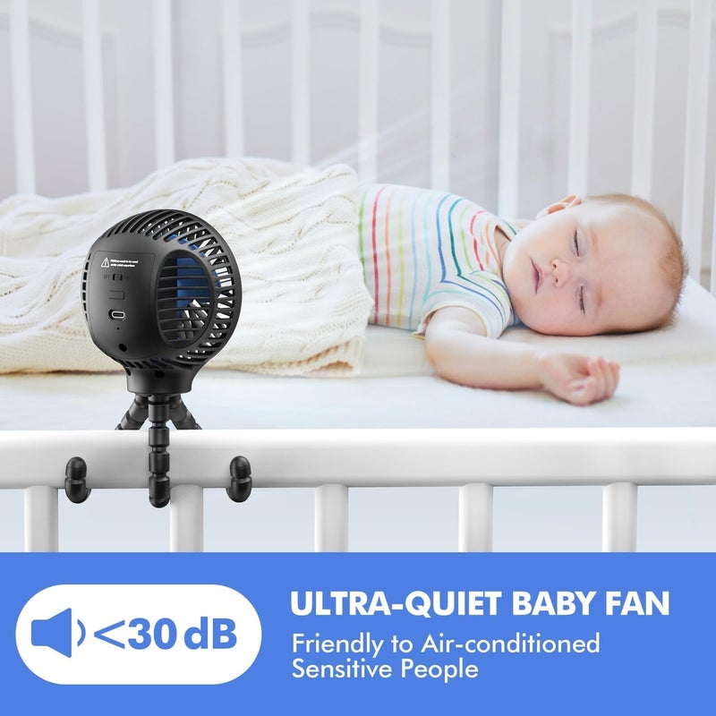 WEGA Stroller Fan Rechargeable Portable Battery Operated Car Seat Baby Fan,3 Speeds USB Personal Fan for Crib Treadmill HomeOffice and Travel (Black) - Image 4